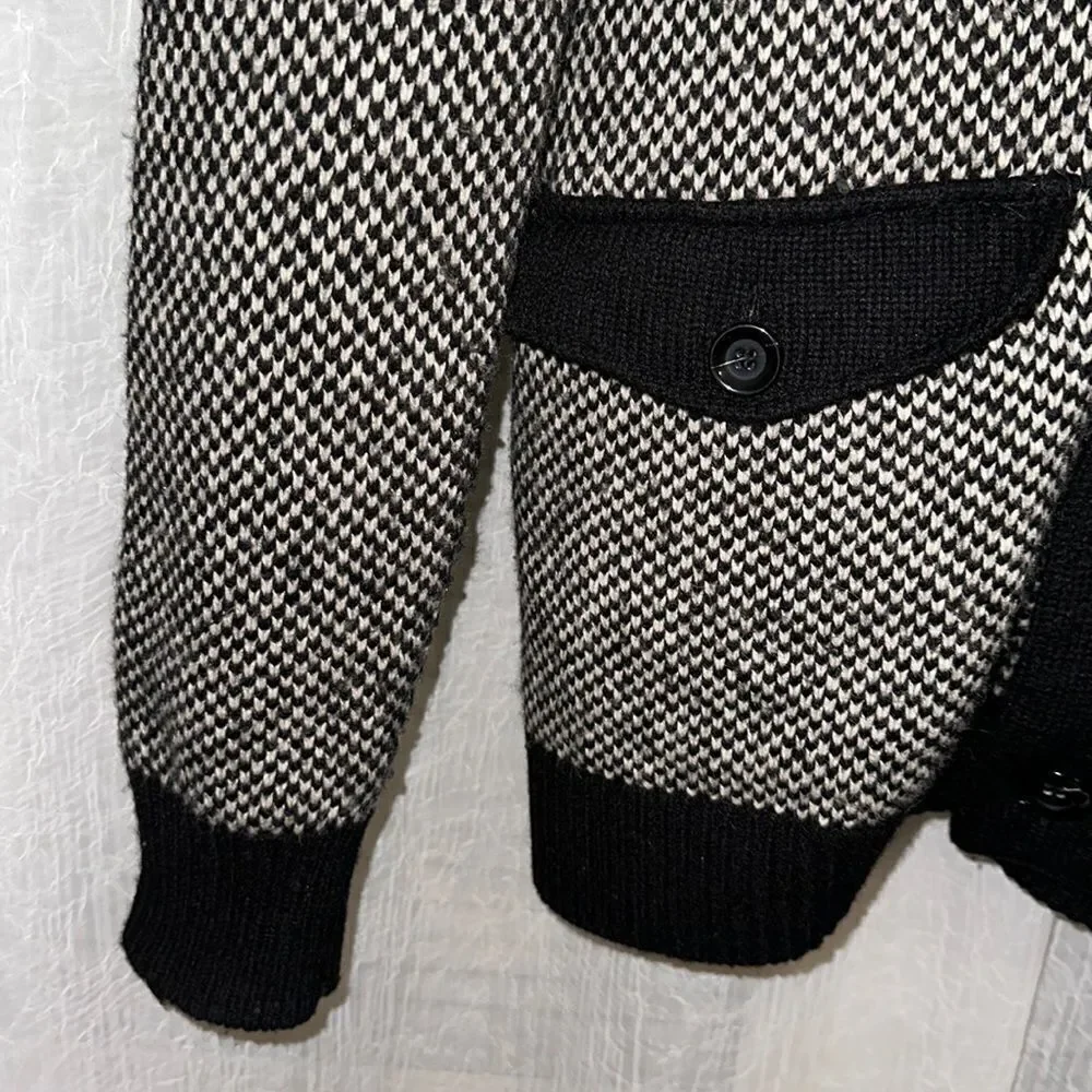 H&M L Black White Checkered Knit Wool Blend Shawl Button Front Cardigan Sweater